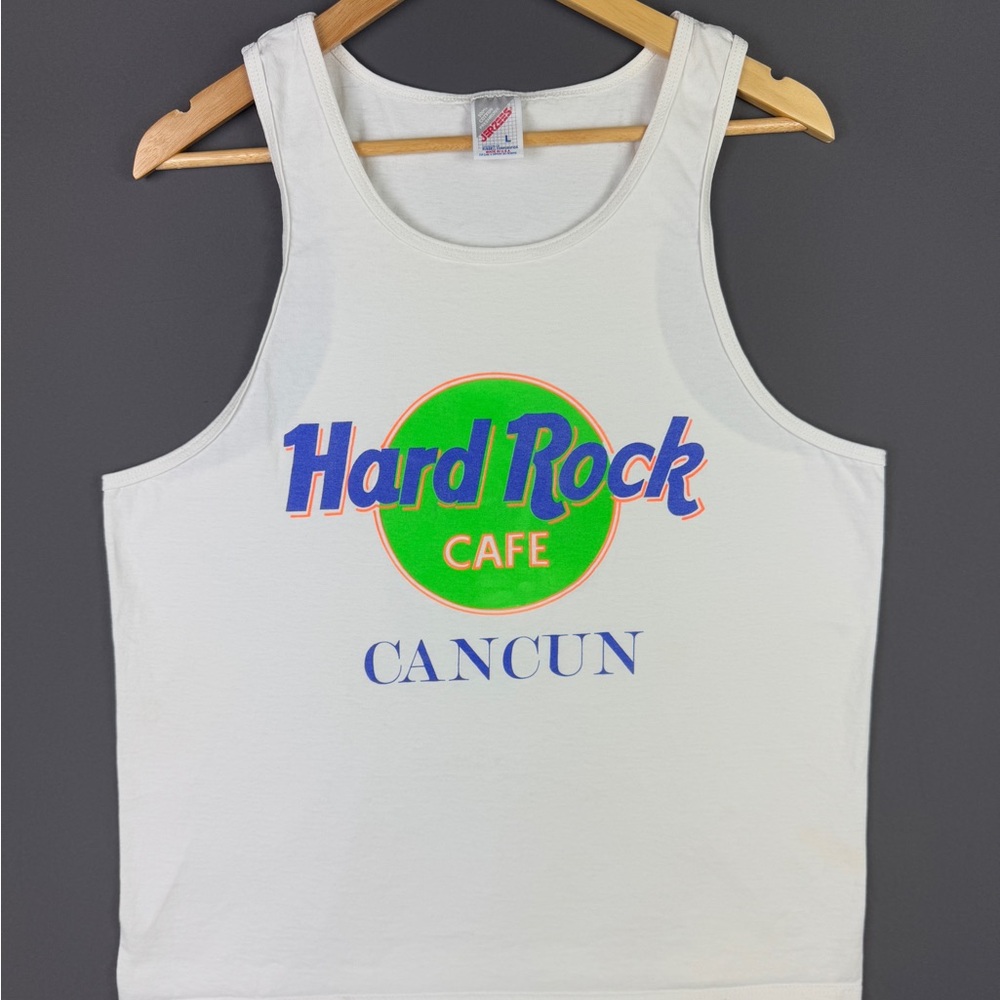 Vintage 90s Hard Rock Cafe Cancun Mexico Tank Top Jerzees Large Promo Art Logo